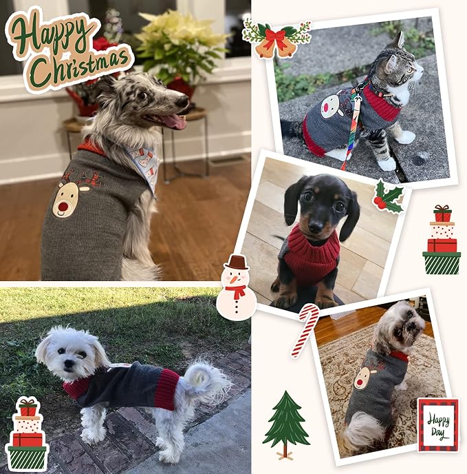 Dog Christmas Sweater Xmas Pet Clothes Cute Gray Reindeer Holiday Puppy Cat - Image 3