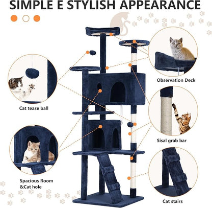70 Inch Navy Blue Cat Tree, Tall Cat Tower - Image 5