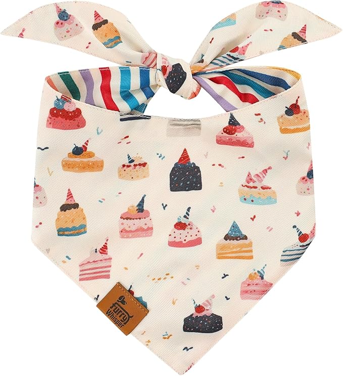 Birthday Dog Bandanas Medium Large, Colorful Cakes Stripes, Reversible Soft by FurryWhisper
