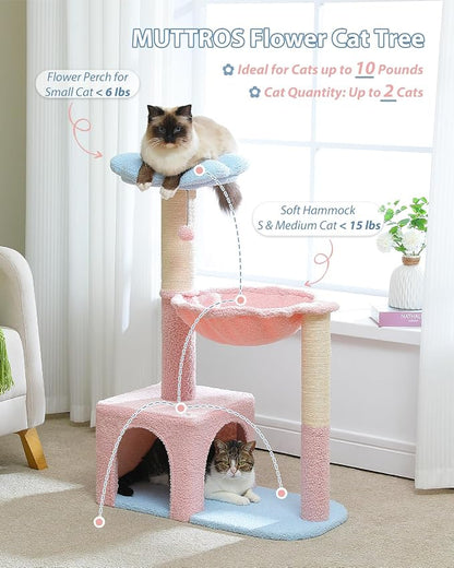 Flower Cat Tree with Large Metal Frame Hammock, Cat Condo with Blue Top Perch - Image 2