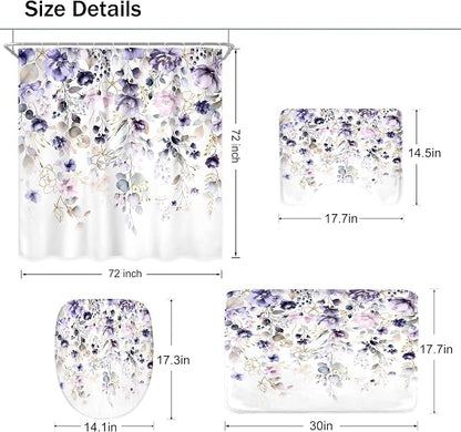 4 PCS Purple Floral Flower Shower Curtain Set 72Wx72H Inch Watercolor Pastel - Image 5