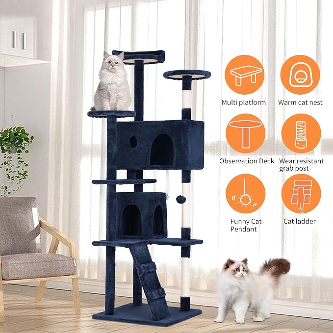 BestPet | 70" Cat Tree Tower | Navy Blue | Sturdy, Hanging Cat Toys, - Image 5