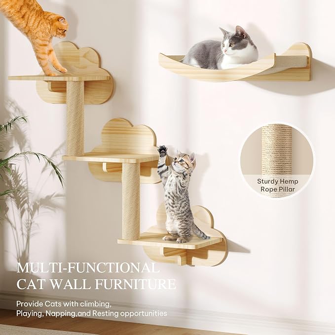 Cat Wall Shelves, 13-in-1 Solid Wood Wall-Mounted Cats Furniture Set - Image 5