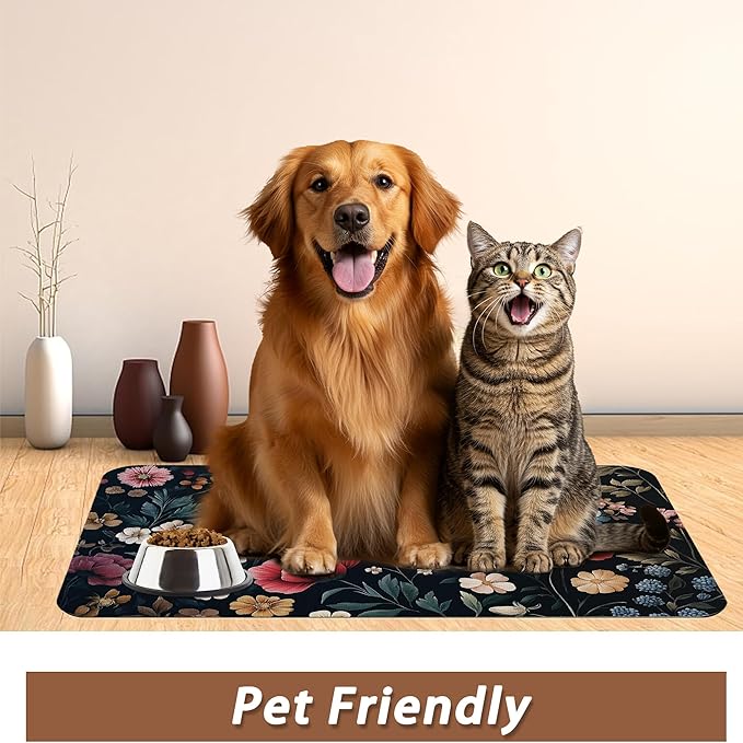 Floral Boho Dog Cat Food Mat, Non-Slip Water Bowl Placemat, Indoor Pet - Image 6