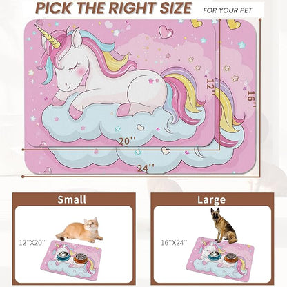 Cute Unicorn Dog Food Mat for Floors, Cloudy Pink Stars Absorbent Pet Food and - Image 2