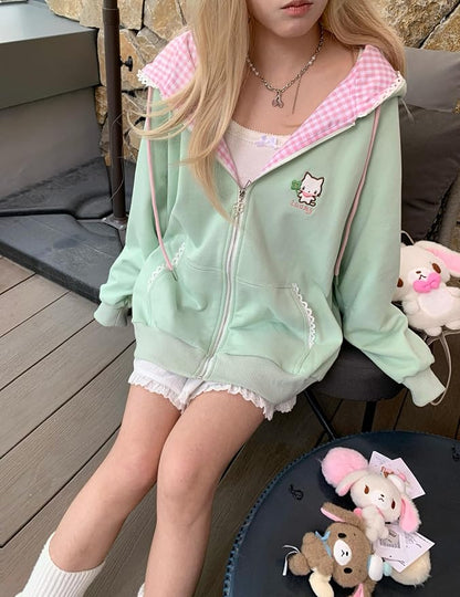 Womens Y2K Zip Up Cute Graphic Hoodies Cat Ears Casual Cartoon Harajuku Kawaii - Image 3