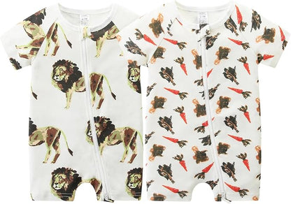 Unisex Summer Trendy 2-Pack Rompers Short Sleeve Zipped Bodysuit Infant Cotton by JingleBaBa