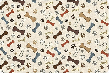 Dog Feeding Mat 24 x 16 Inch, Neutral Paw Bone Woof Dog Placemat Absorbent by Romart