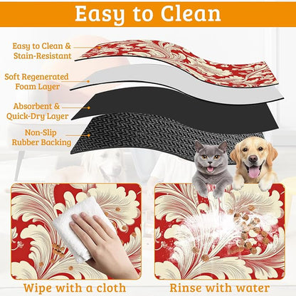 Red White Flower Feeding Mat, Paisley Absorbent Quick-Dry Cat Dog Food and - Image 5