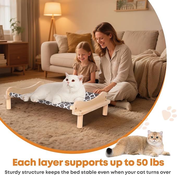 Elevated Wooden Cat Bed – 24"x15.7"x5.9" Breathable Hammock Pet Bed - Image 6