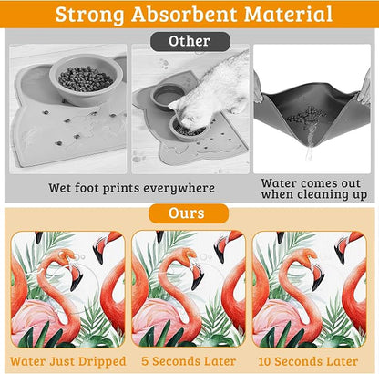 Pink Flamingo Dog Food Mat, Plam Leaves Absorbent Pet Feeding Mat - Image 3