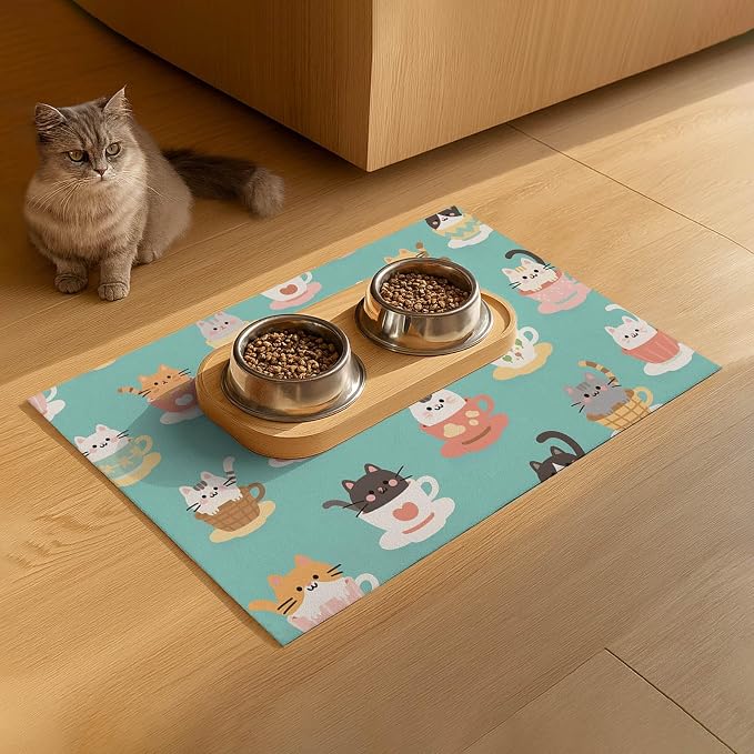 Cat Feedings Mats 20x12 inch Teacup Cat Print Pet Bowl Placemat Non Slip Mat - Image 9