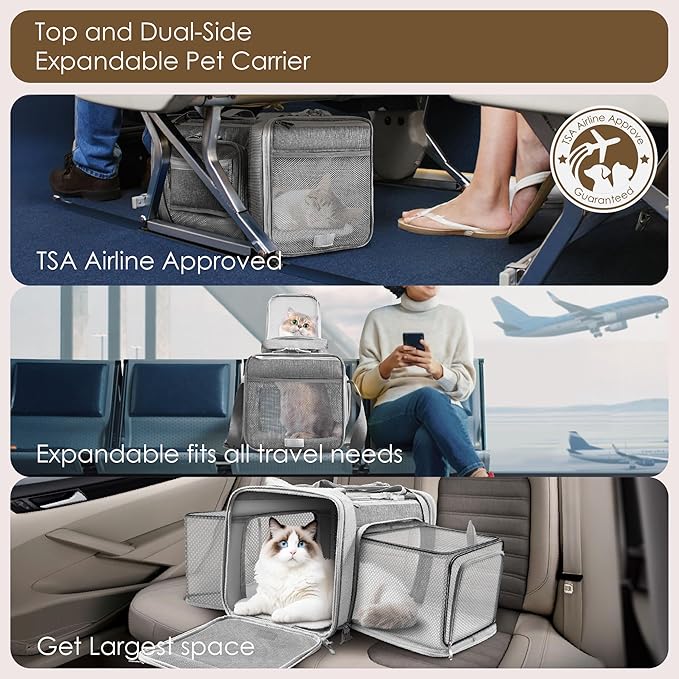 Top and 2 Sides Expandable Cat Carrier 18x11x11, TSA Airline Approved Dog - Image 2