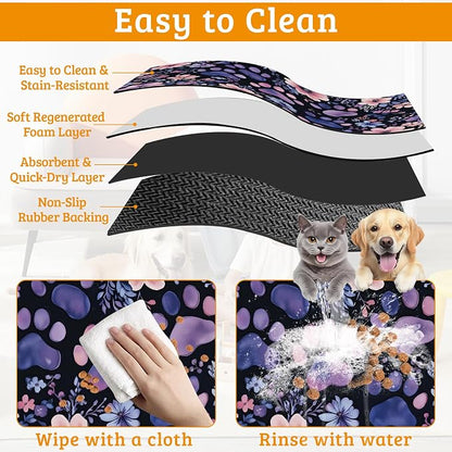 Paw Print Dog Food Mat, Watercolor Flower Absorbent Pet Feeding Mat - Image 5