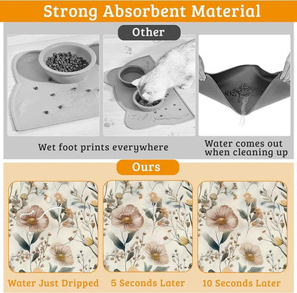 Vintage Flowers Dog Cat Food Mat, Herbs Absorbent Waterproof Placemat - Image 3
