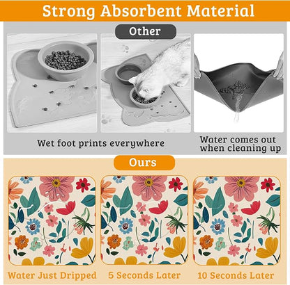 Colorful Flower Feeding Mat, Groovy Wildflowers Absorbent Quick-Dry Cat Dog - Image 3