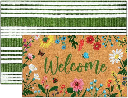 Tinideya 2 Pcs Spring Welcome Door Mat Floral Outdoor Layered Doormats - Image 8