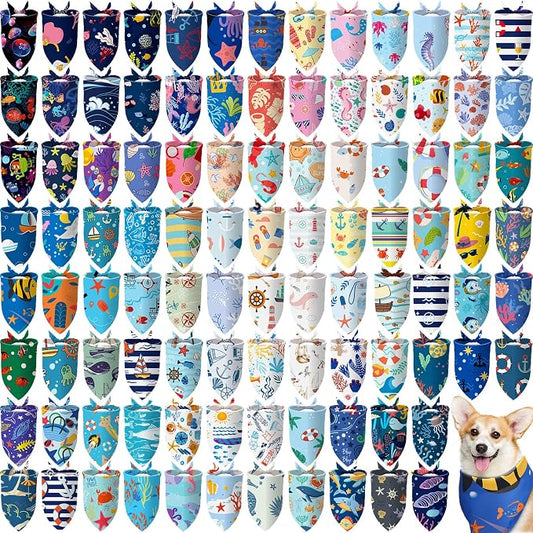 150 Pcs Ocean Dog Bandanas Bulk Summer Pet Bibs Triangle Ocean Themed Pet Scarf by Huhumy