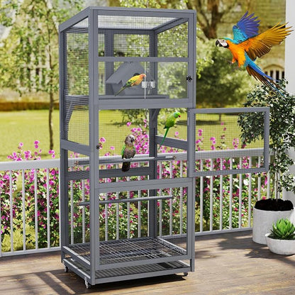 Coziwow 68" H Large Wood Bird Cage on Wheels, Outdoor Bird Aviary Indoor Wooden - Image 5