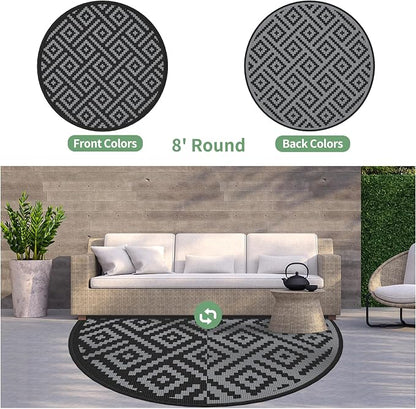 GENIMO 8' Round Outdoor Rug for Patios Clearance, Reversible Plastic Straw Rugs - Image 2
